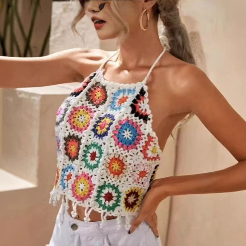 ZARA Sexy Sweet Spicy Ethnic Crochet Beaded Cutout Bikini Top